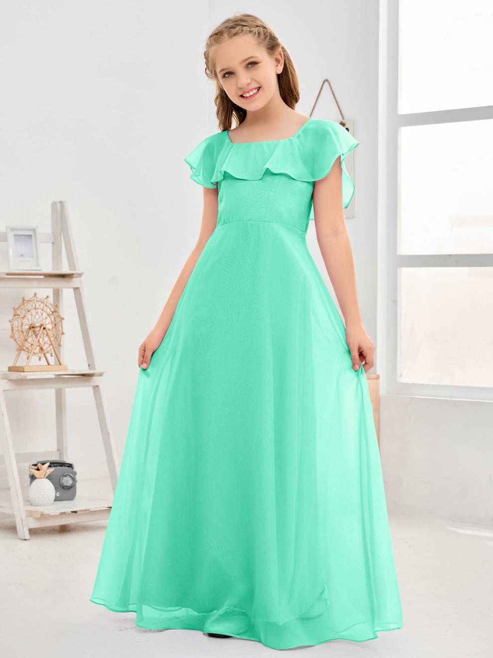 Gewelltes U-Ausschnitt Chiffon Junior Brautjungfernkleid