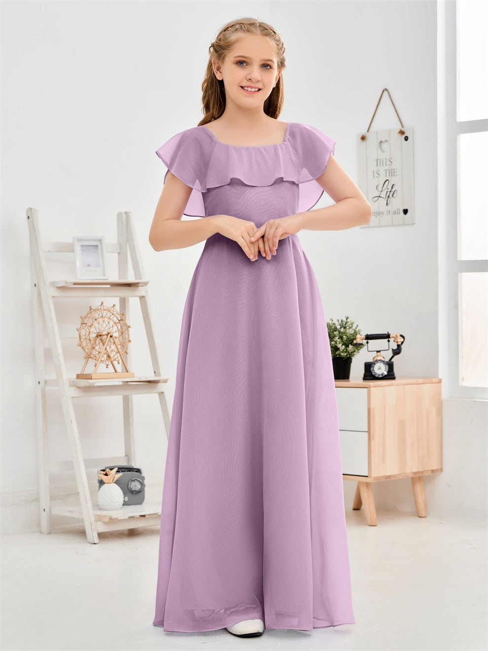 Gewelltes U-Ausschnitt Chiffon Junior Brautjungfernkleid