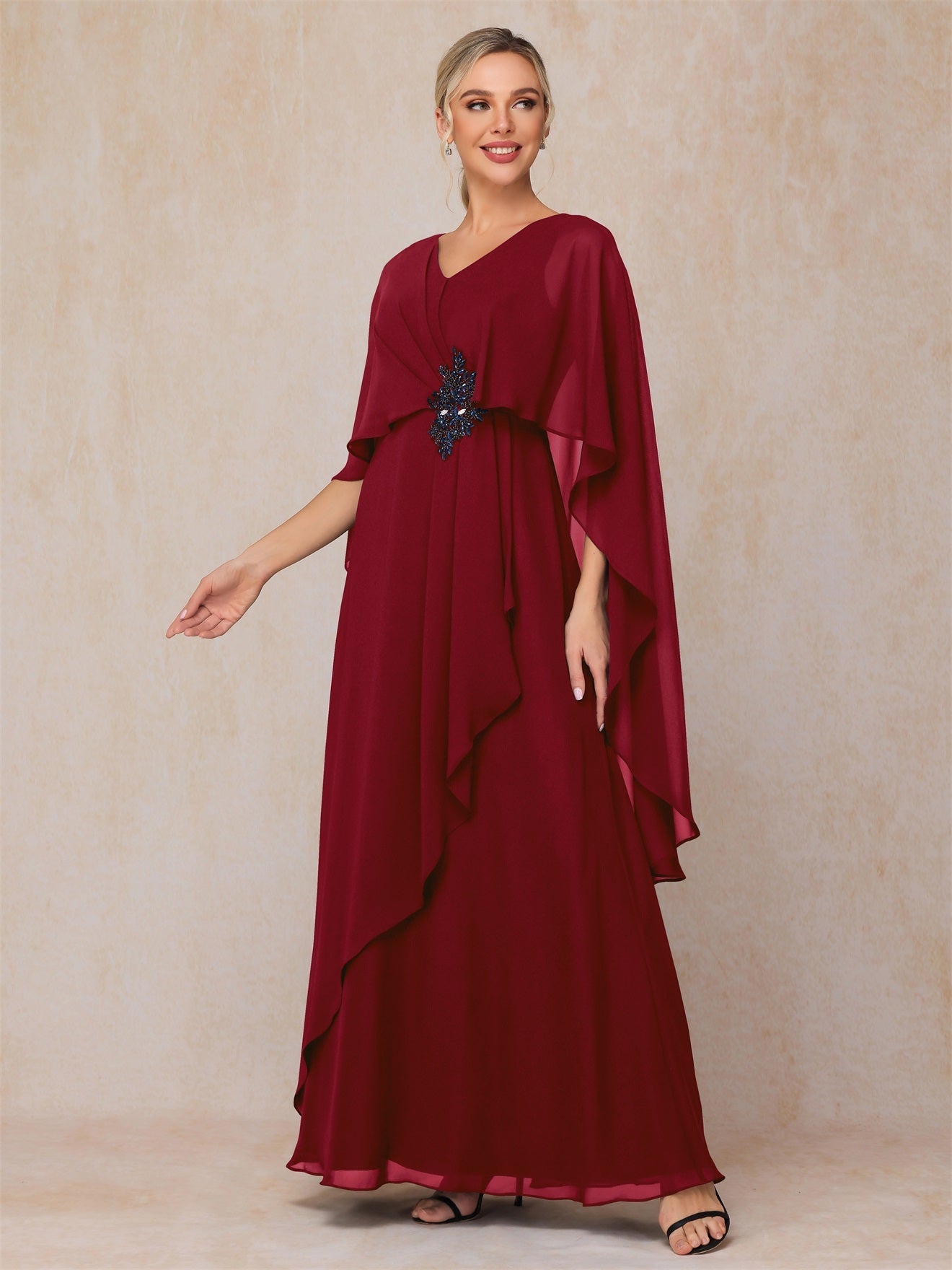 Trapez V-Ausschnitt Chiffon Mutter der Braut Kleid mit Pailletten&Cape verziert