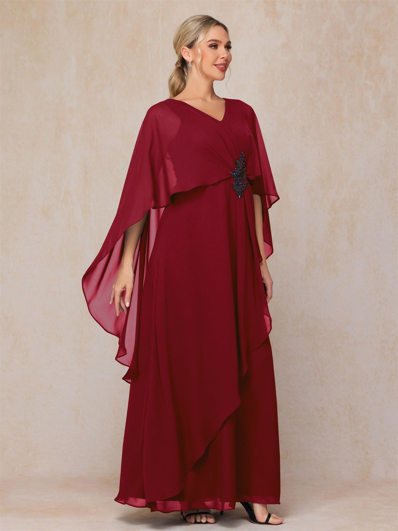 Trapez V-Ausschnitt Chiffon Mutter der Braut Kleid mit Pailletten&Cape verziert