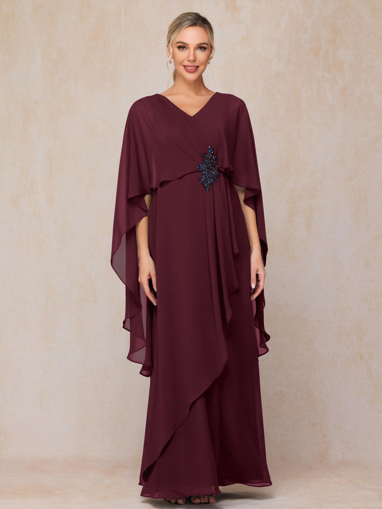 Trapez V-Ausschnitt Chiffon Mutter der Braut Kleid mit Pailletten&Cape verziert