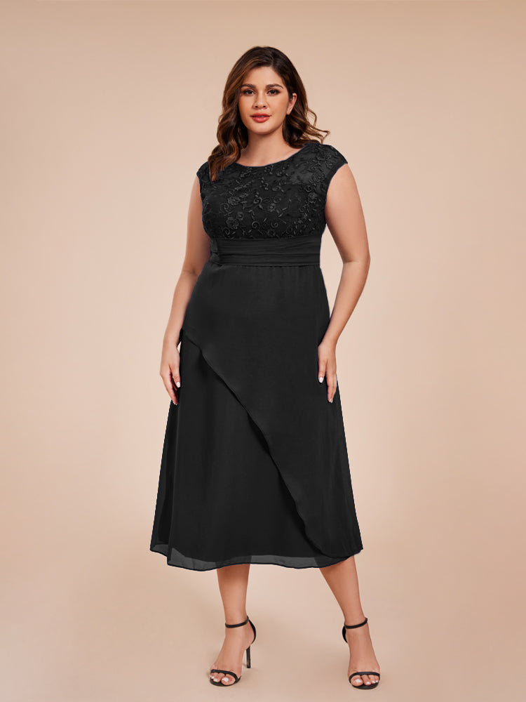 A Line Kappenärmel Rüschen Spitze Mieder Chiffon Mutter der Braut Kleid