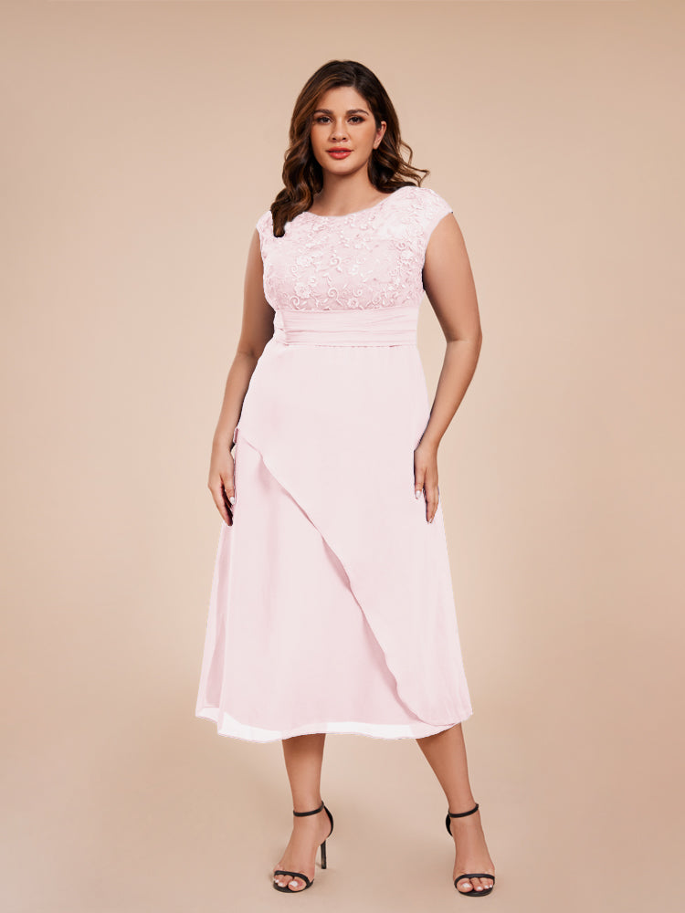 A Line Kappenärmel Rüschen Spitze Mieder Chiffon Mutter der Braut Kleid