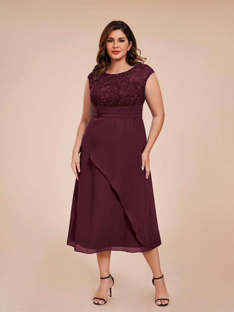 A Line Kappenärmel Rüschen Spitze Mieder Chiffon Mutter der Braut Kleid