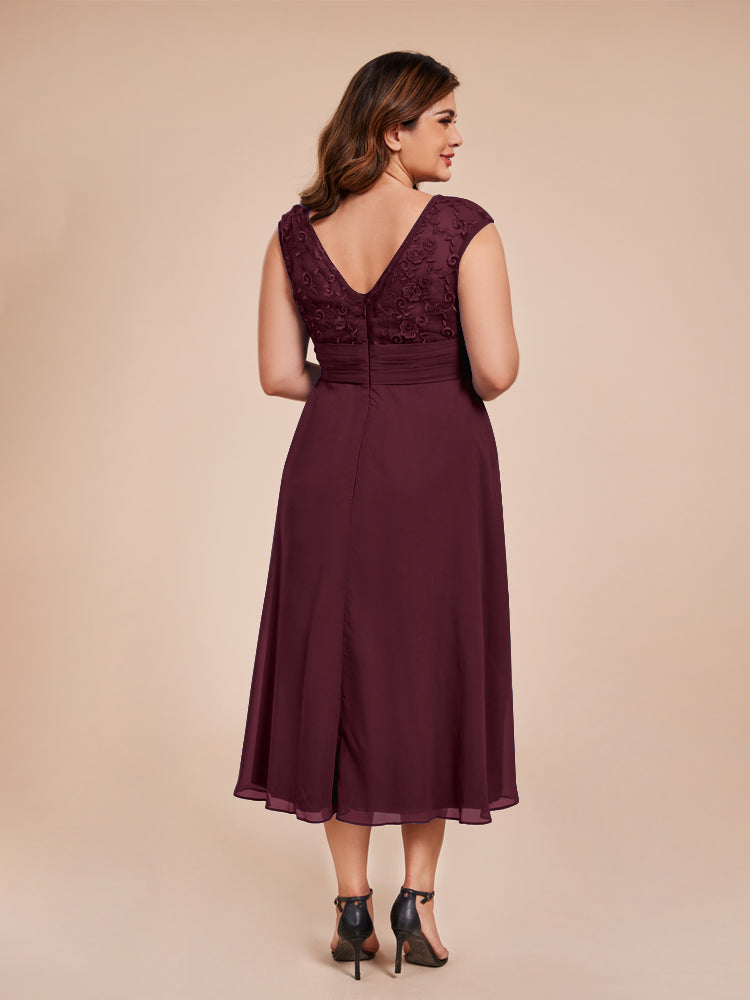 A Line Kappenärmel Rüschen Spitze Mieder Chiffon Mutter der Braut Kleid