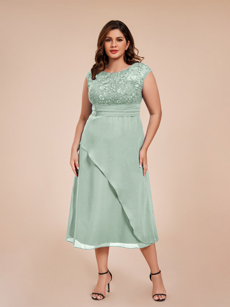 A Line Kappenärmel Rüschen Spitze Mieder Chiffon Mutter der Braut Kleid