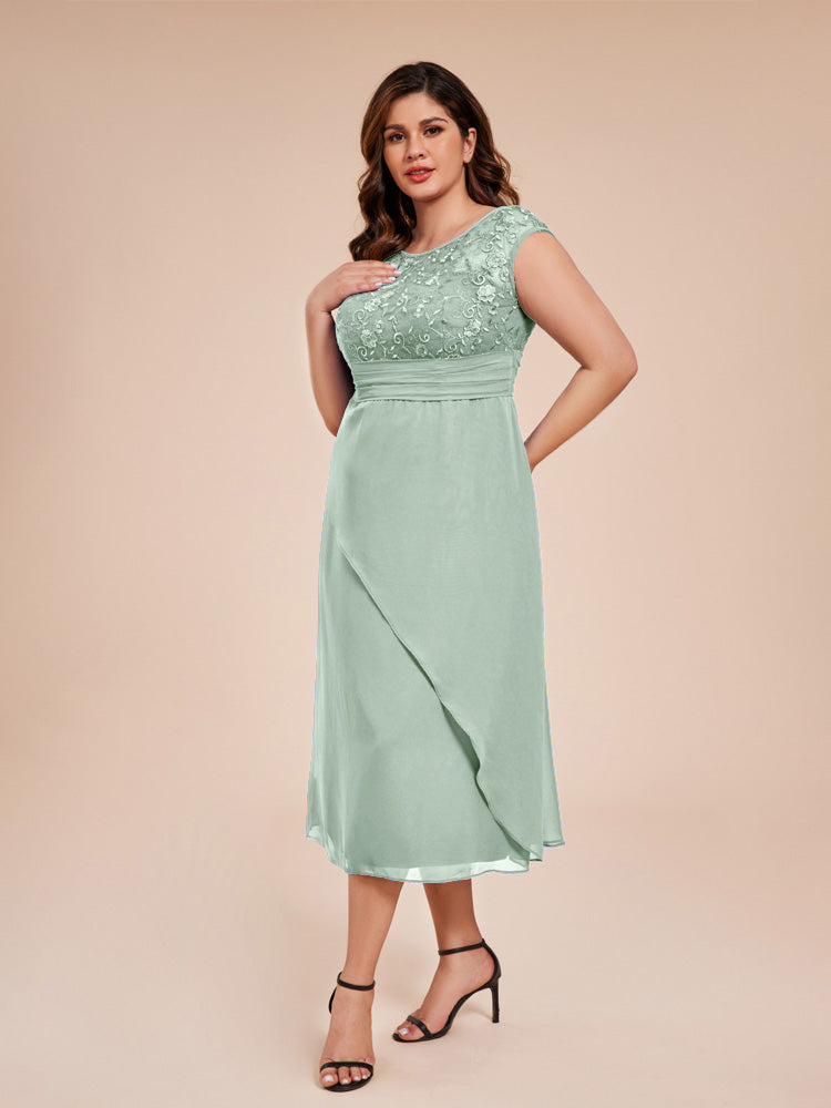 A Line Kappenärmel Rüschen Spitze Mieder Chiffon Mutter der Braut Kleid