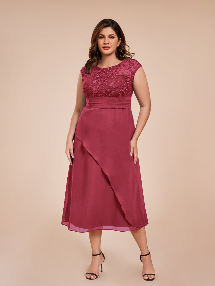 A Line Kappenärmel Rüschen Spitze Mieder Chiffon Mutter der Braut Kleid