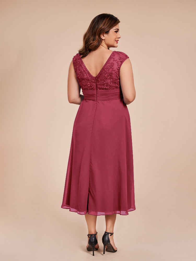 A Line Kappenärmel Rüschen Spitze Mieder Chiffon Mutter der Braut Kleid