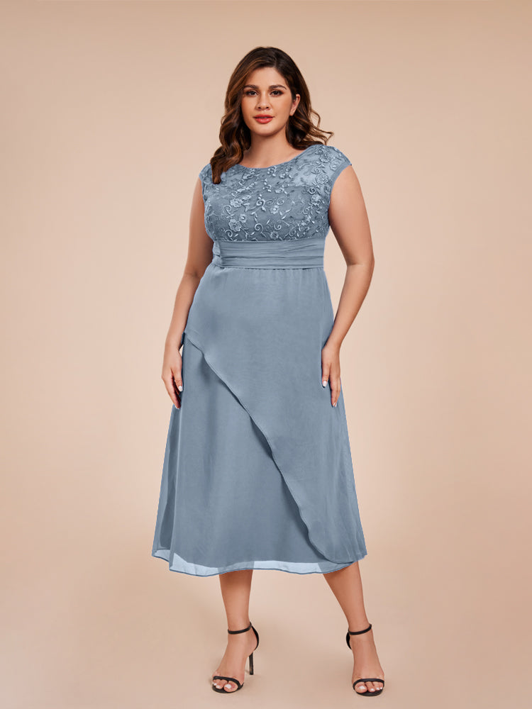 A Line Kappenärmel Rüschen Spitze Mieder Chiffon Mutter der Braut Kleid