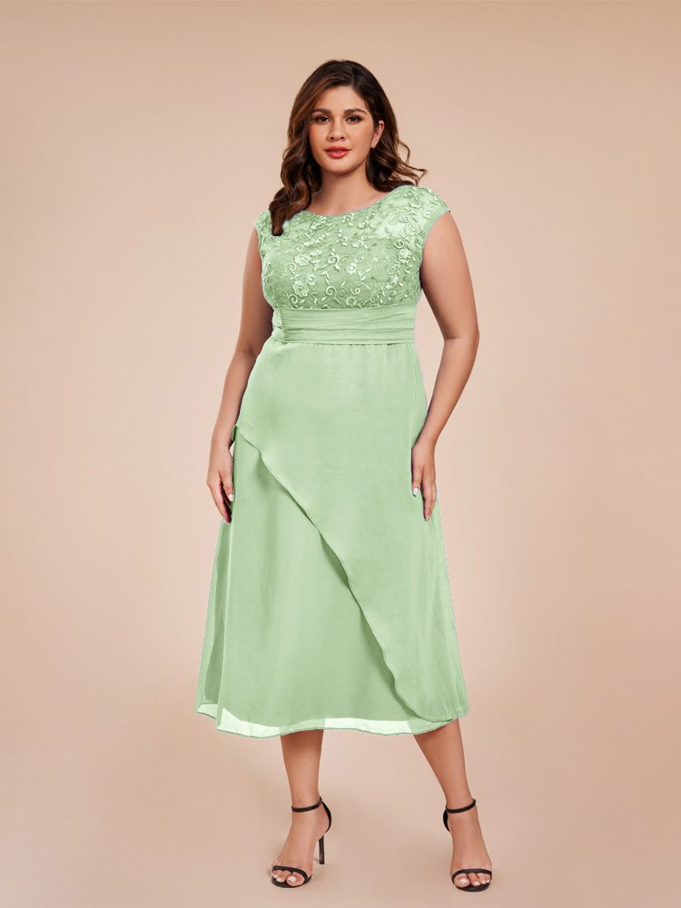 A Line Kappenärmel Rüschen Spitze Mieder Chiffon Mutter der Braut Kleid