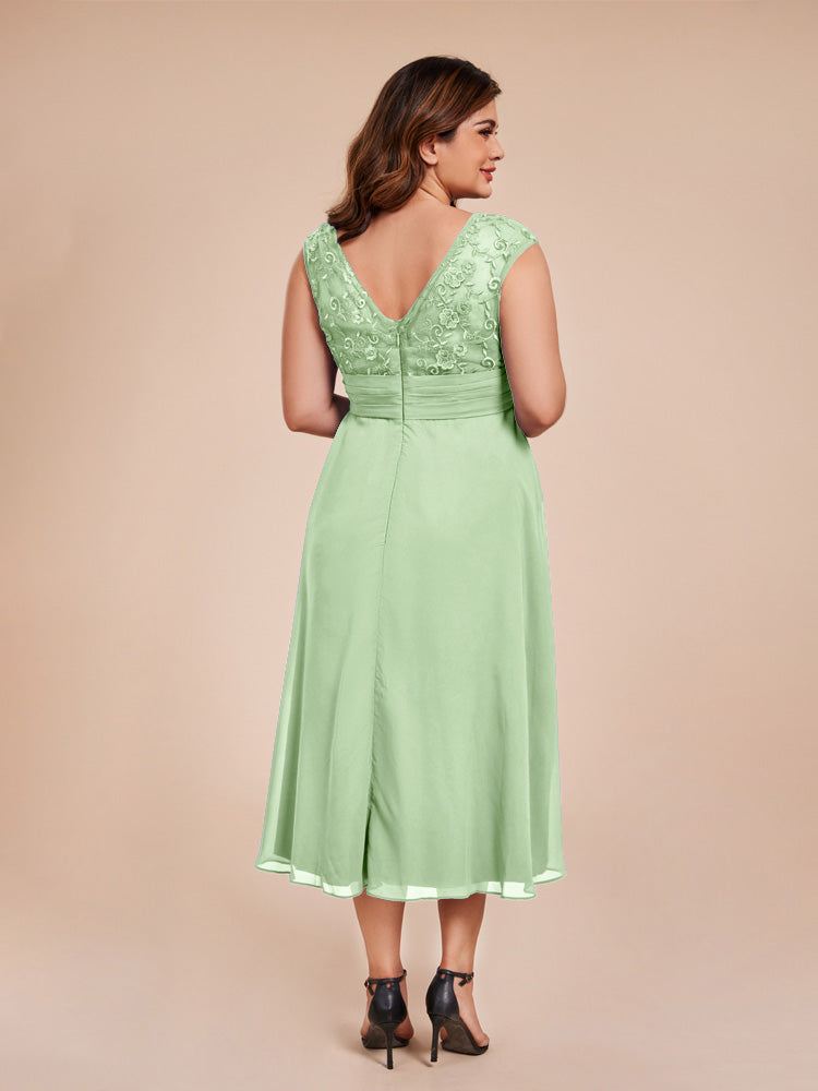 A Line Kappenärmel Rüschen Spitze Mieder Chiffon Mutter der Braut Kleid