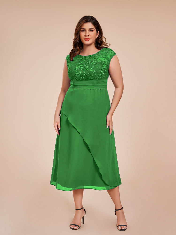 A Line Kappenärmel Rüschen Spitze Mieder Chiffon Mutter der Braut Kleid