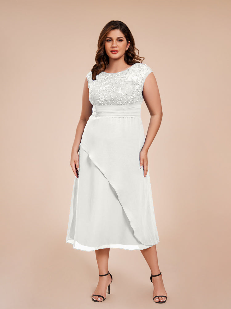 A Line Kappenärmel Rüschen Spitze Mieder Chiffon Mutter der Braut Kleid