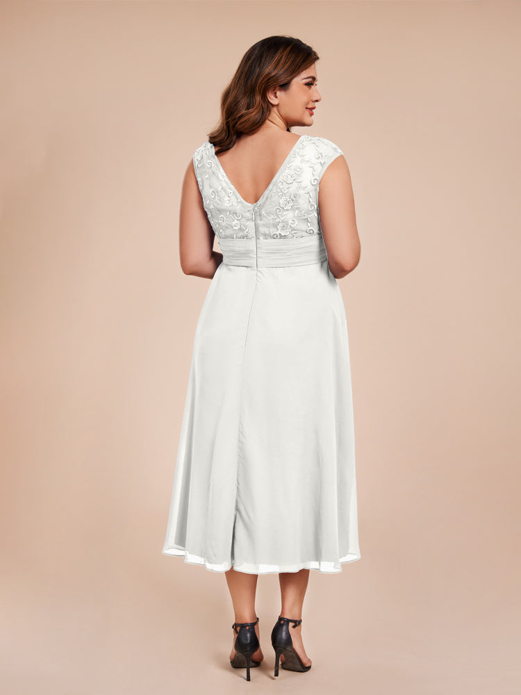 A Line Kappenärmel Rüschen Spitze Mieder Chiffon Mutter der Braut Kleid