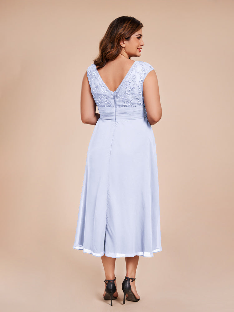 A Line Kappenärmel Rüschen Spitze Mieder Chiffon Mutter der Braut Kleid