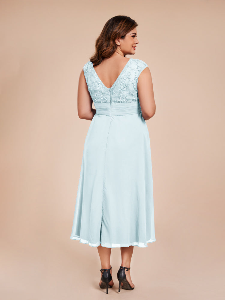 A Line Kappenärmel Rüschen Spitze Mieder Chiffon Mutter der Braut Kleid