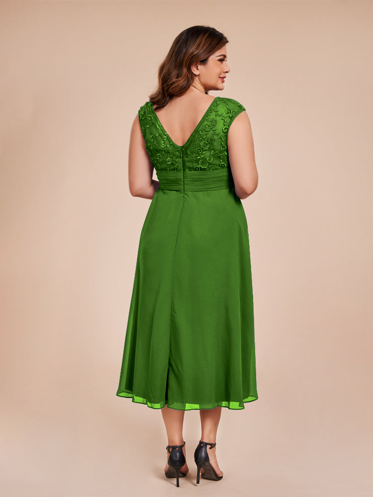 A Line Kappenärmel Rüschen Spitze Mieder Chiffon Mutter der Braut Kleid