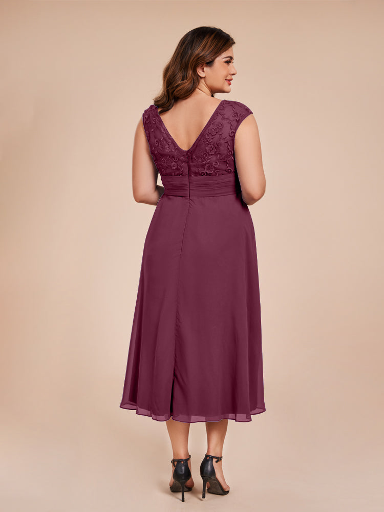 A Line Kappenärmel Rüschen Spitze Mieder Chiffon Mutter der Braut Kleid