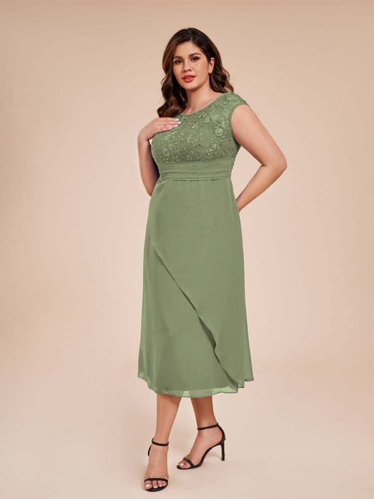 A Line Kappenärmel Rüschen Spitze Mieder Chiffon Mutter der Braut Kleid