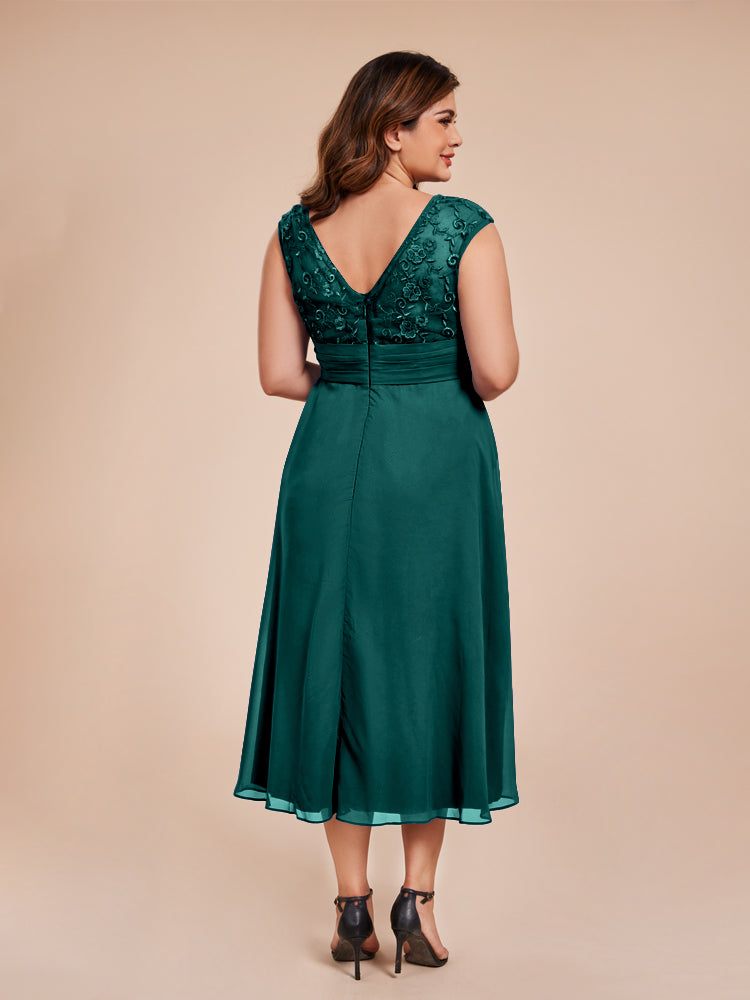 A Line Kappenärmel Rüschen Spitze Mieder Chiffon Mutter der Braut Kleid