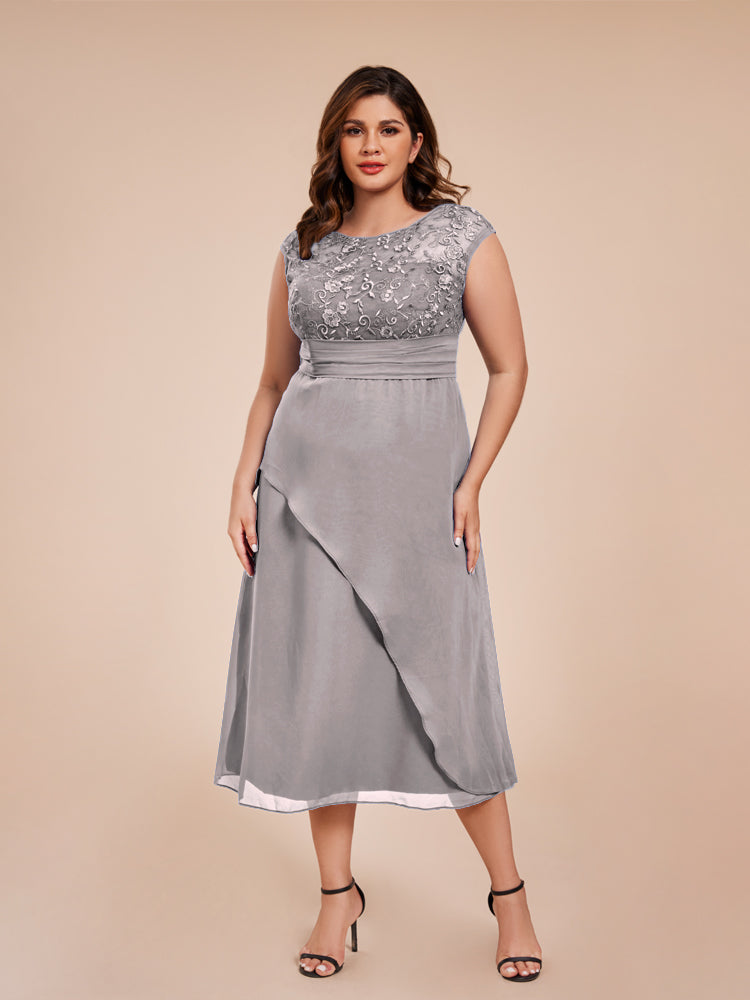 A Line Kappenärmel Rüschen Spitze Mieder Chiffon Mutter der Braut Kleid