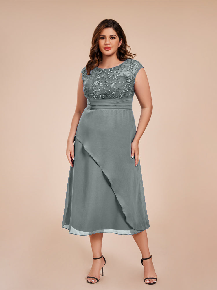 A Line Kappenärmel Rüschen Spitze Mieder Chiffon Mutter der Braut Kleid