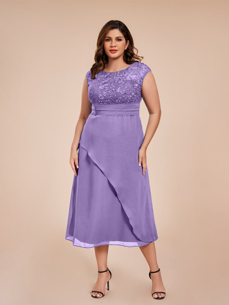 A Line Kappenärmel Rüschen Spitze Mieder Chiffon Mutter der Braut Kleid