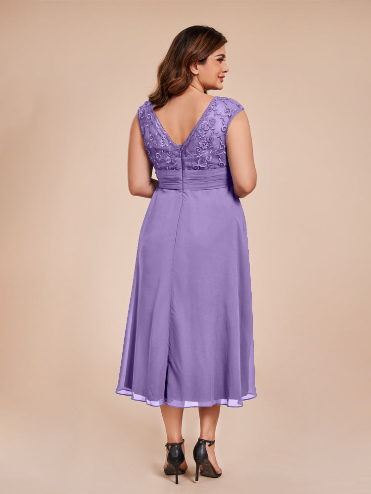 A Line Kappenärmel Rüschen Spitze Mieder Chiffon Mutter der Braut Kleid