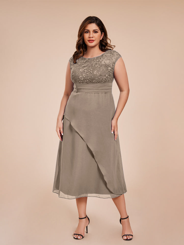 A Line Kappenärmel Rüschen Spitze Mieder Chiffon Mutter der Braut Kleid