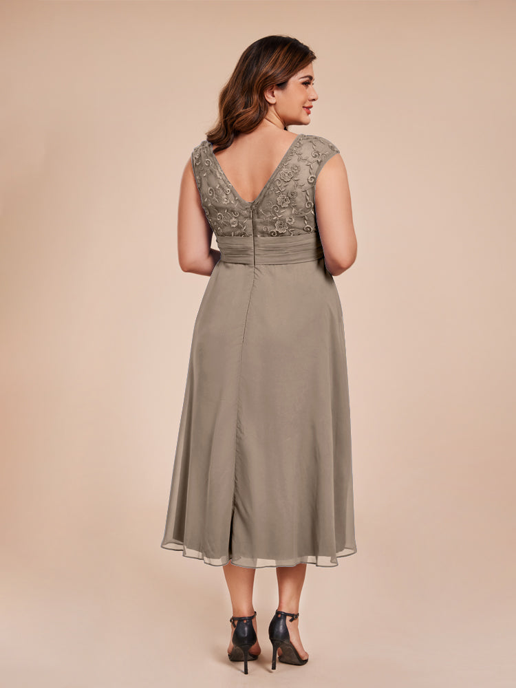 A Line Kappenärmel Rüschen Spitze Mieder Chiffon Mutter der Braut Kleid