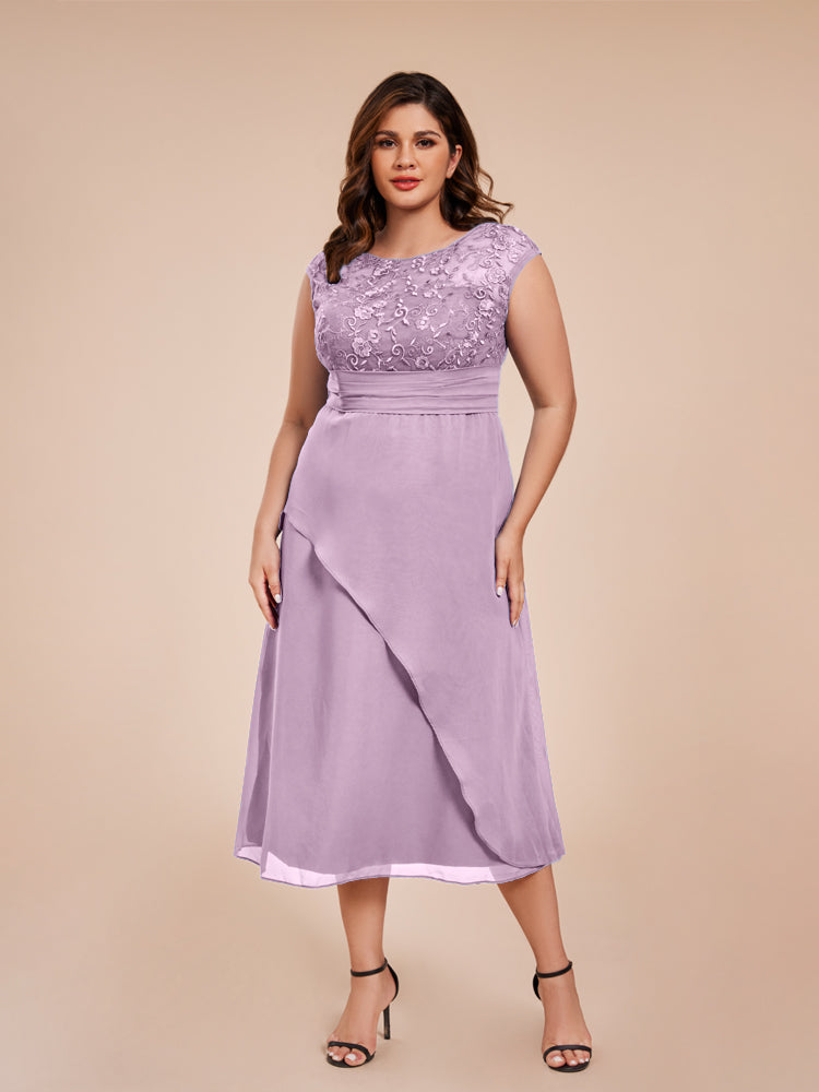 A Line Kappenärmel Rüschen Spitze Mieder Chiffon Mutter der Braut Kleid