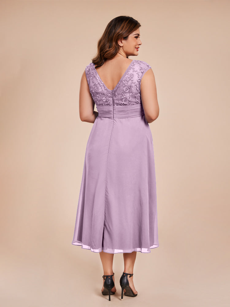 A Line Kappenärmel Rüschen Spitze Mieder Chiffon Mutter der Braut Kleid