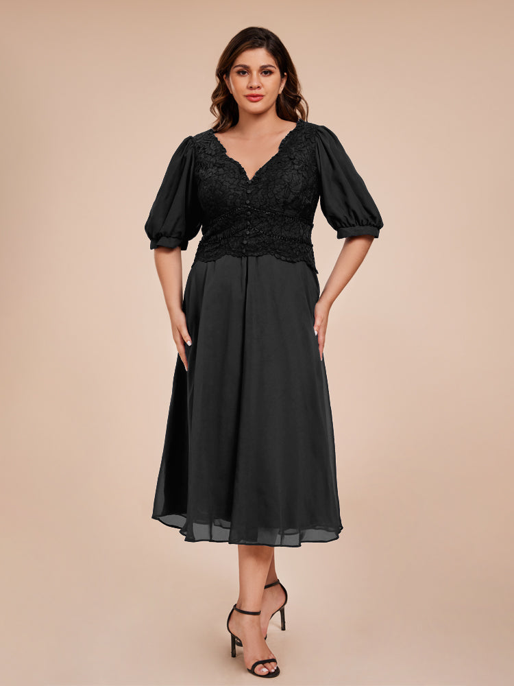 A Line Half Laterne Ärmel V-Ausschnitt Spitze Top Chiffon Mutter der Braut Kleid