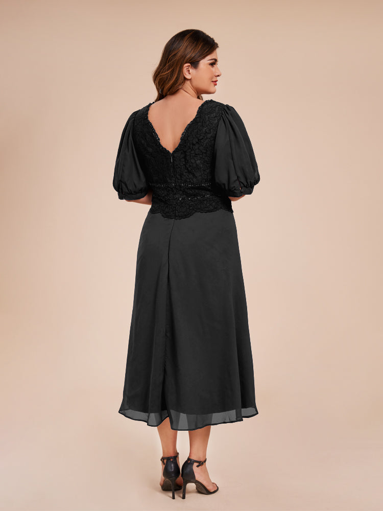 A Line Half Laterne Ärmel V-Ausschnitt Spitze Top Chiffon Mutter der Braut Kleid