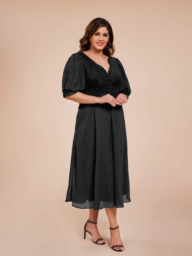 A Line Half Laterne Ärmel V-Ausschnitt Spitze Top Chiffon Mutter der Braut Kleid