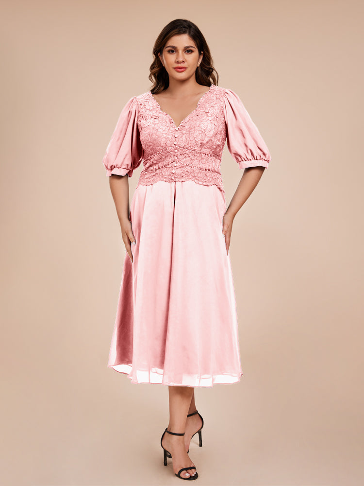 A Line Half Laterne Ärmel V-Ausschnitt Spitze Top Chiffon Mutter der Braut Kleid