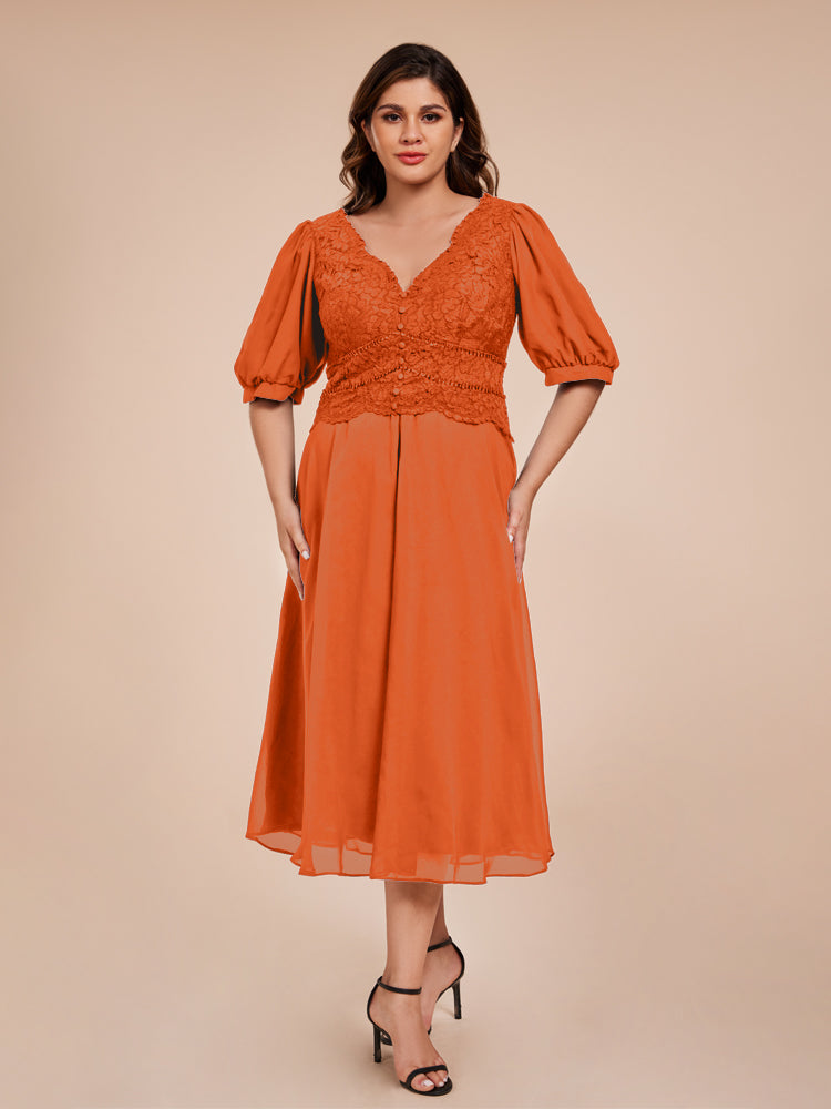 A Line Half Laterne Ärmel V-Ausschnitt Spitze Top Chiffon Mutter der Braut Kleid