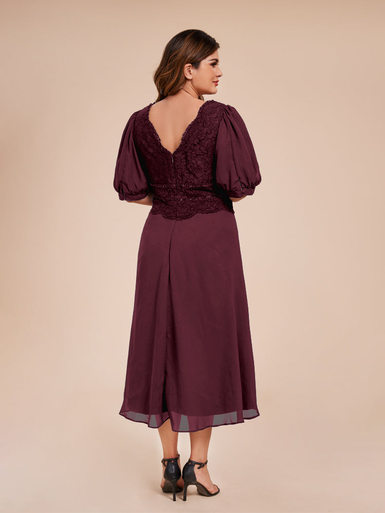 A Line Half Laterne Ärmel V-Ausschnitt Spitze Top Chiffon Mutter der Braut Kleid