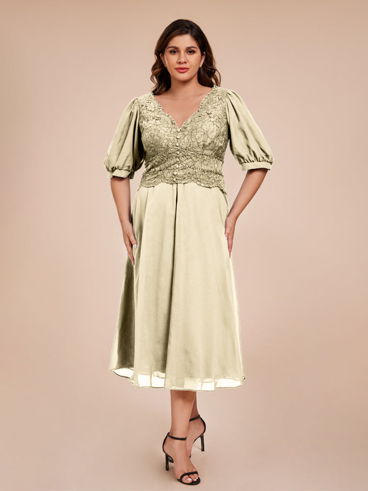 A Line Half Laterne Ärmel V-Ausschnitt Spitze Top Chiffon Mutter der Braut Kleid