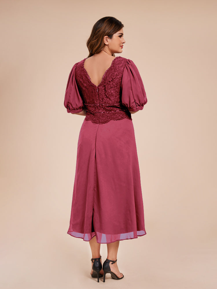 A Line Half Laterne Ärmel V-Ausschnitt Spitze Top Chiffon Mutter der Braut Kleid