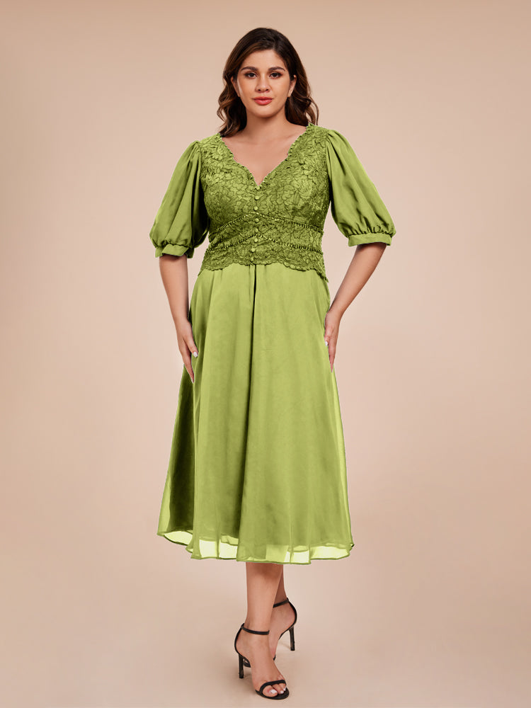 A Line Half Laterne Ärmel V-Ausschnitt Spitze Top Chiffon Mutter der Braut Kleid