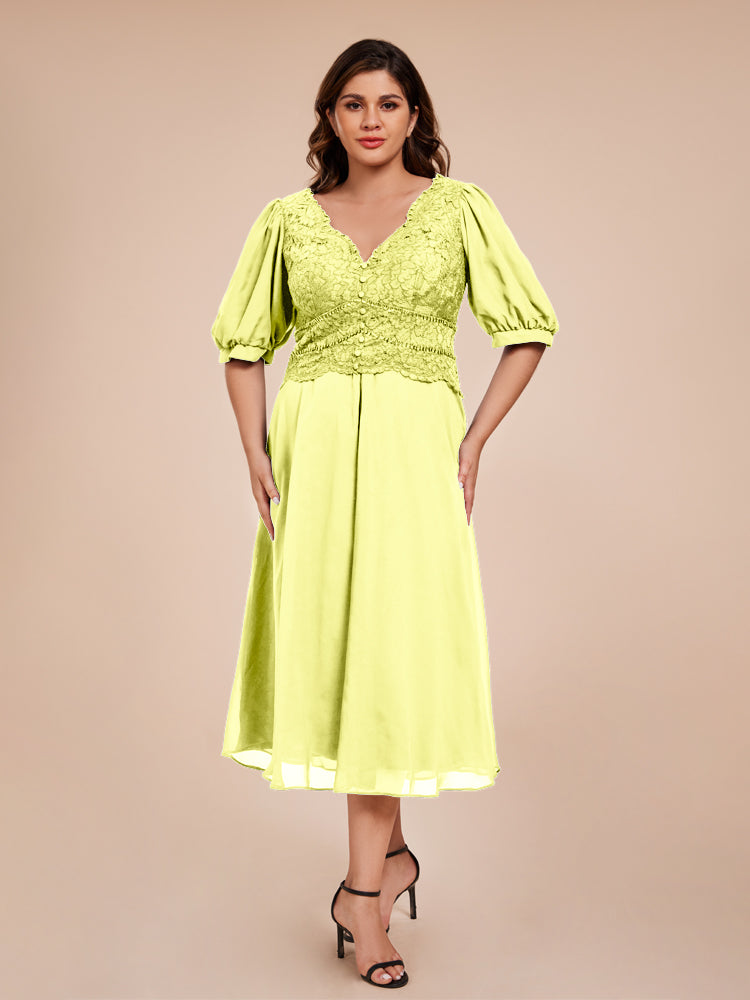 A Line Half Laterne Ärmel V-Ausschnitt Spitze Top Chiffon Mutter der Braut Kleid