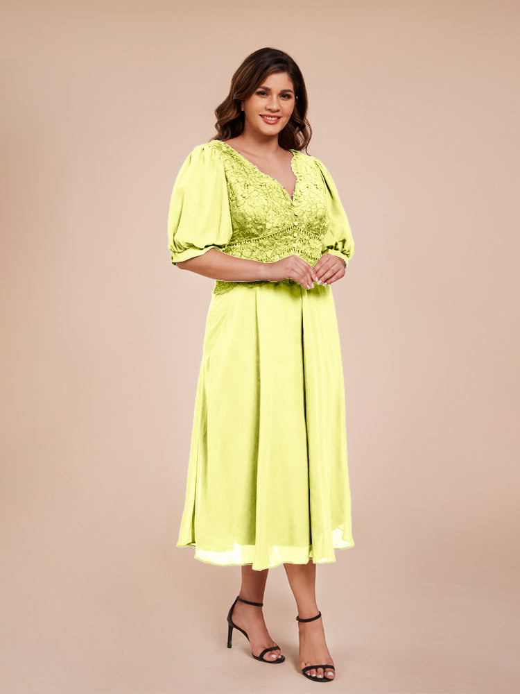 A Line Half Laterne Ärmel V-Ausschnitt Spitze Top Chiffon Mutter der Braut Kleid