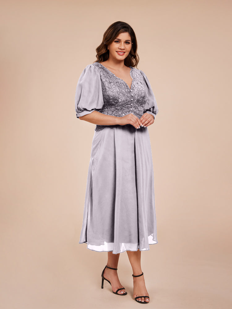 A Line Half Laterne Ärmel V-Ausschnitt Spitze Top Chiffon Mutter der Braut Kleid