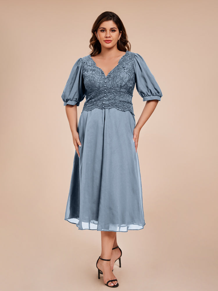 A Line Half Laterne Ärmel V-Ausschnitt Spitze Top Chiffon Mutter der Braut Kleid