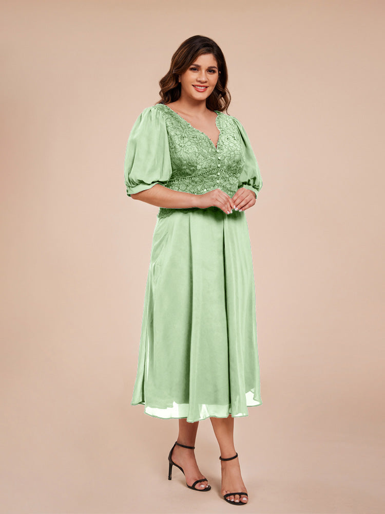 A Line Half Laterne Ärmel V-Ausschnitt Spitze Top Chiffon Mutter der Braut Kleid