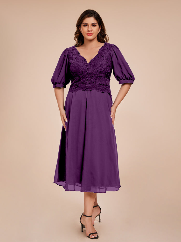 A Line Half Laterne Ärmel V-Ausschnitt Spitze Top Chiffon Mutter der Braut Kleid