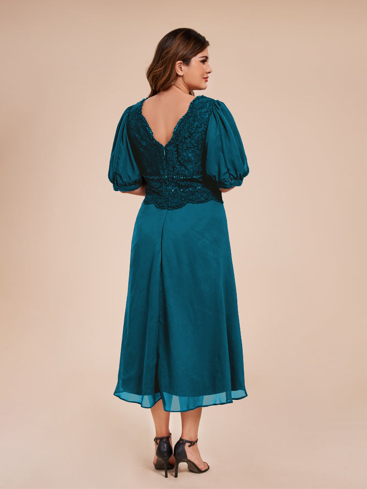 A Line Half Laterne Ärmel V-Ausschnitt Spitze Top Chiffon Mutter der Braut Kleid