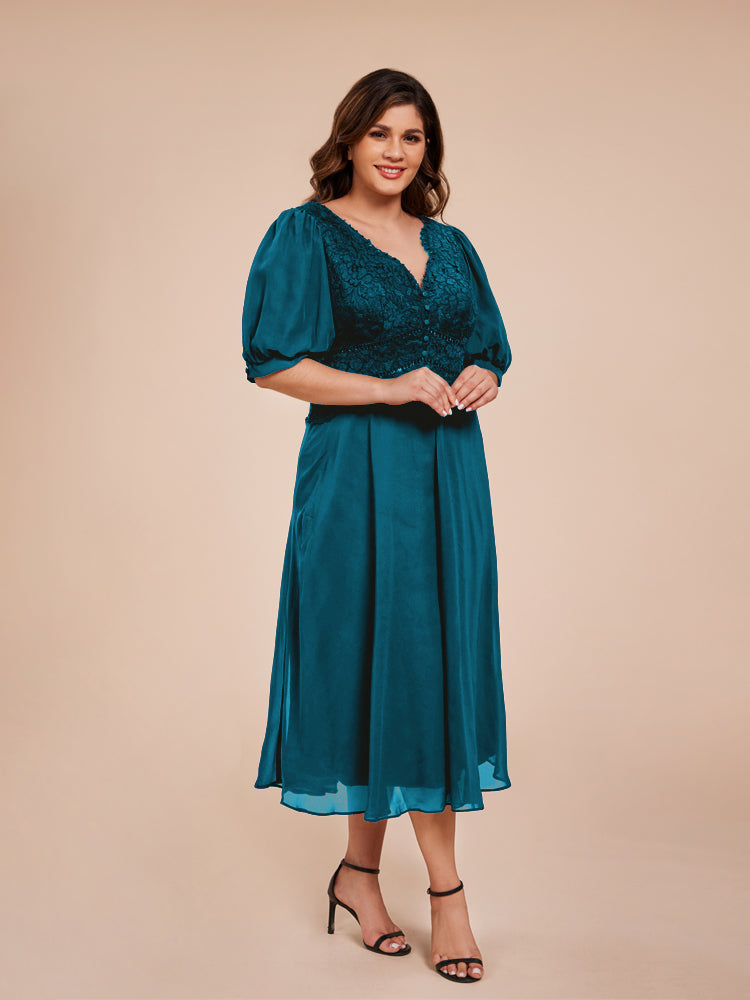 A Line Half Laterne Ärmel V-Ausschnitt Spitze Top Chiffon Mutter der Braut Kleid